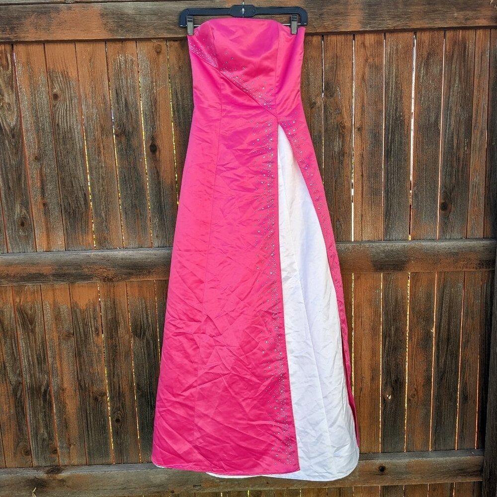 Y2K Hot Pink Rhinestone Strapless Formal Dress Juniors 3 Prom Evening Gown White